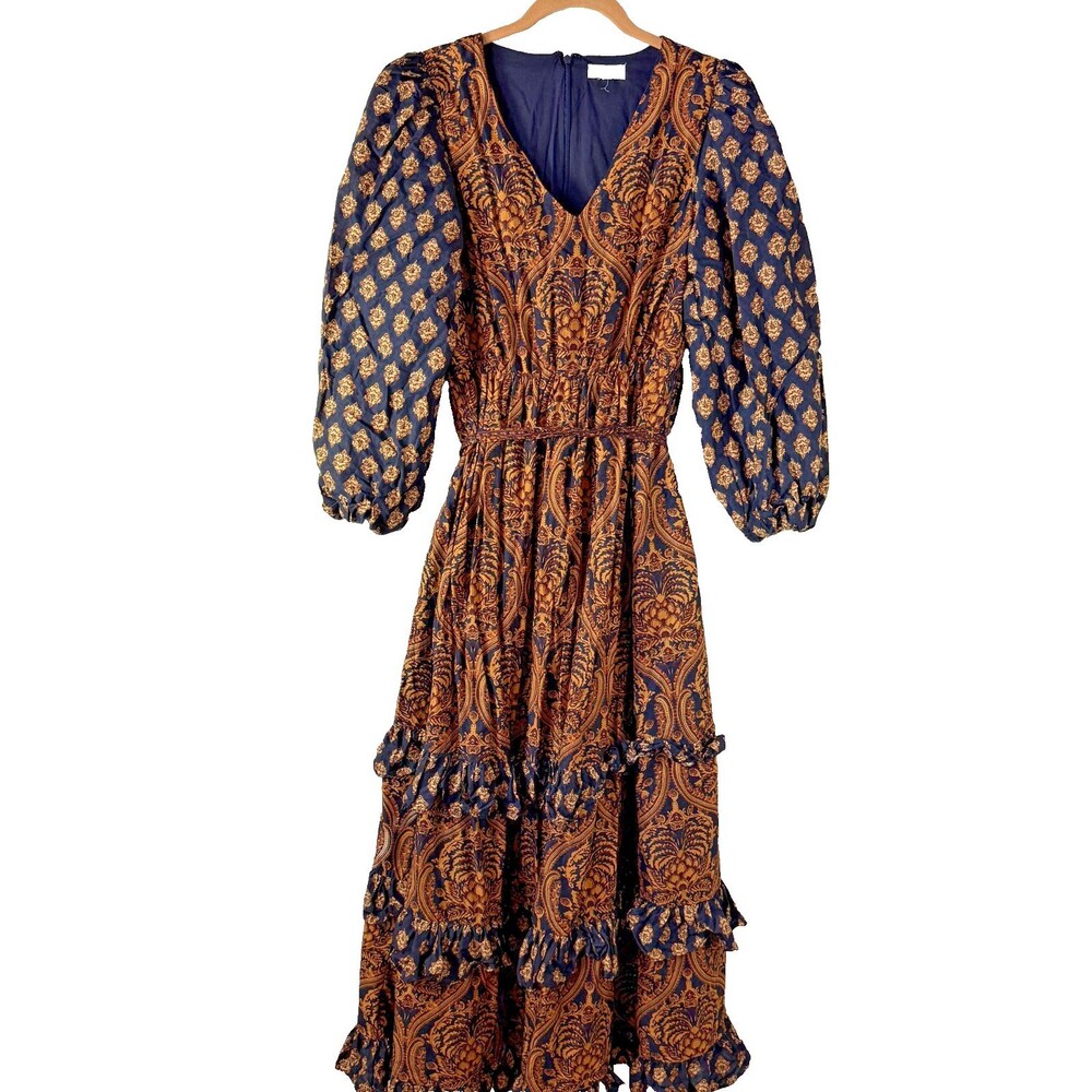 A Loves A Paisley Midi Dress XS Black Gold Tiered Ruffle Cotton Balloon Sleeve